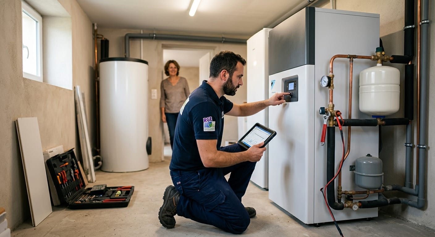 Artisan chauffagiste certifié RGE effectuant les réglages et le contrôle technique d'une pompe à chaleur air eau flambant neuve chez un particulier